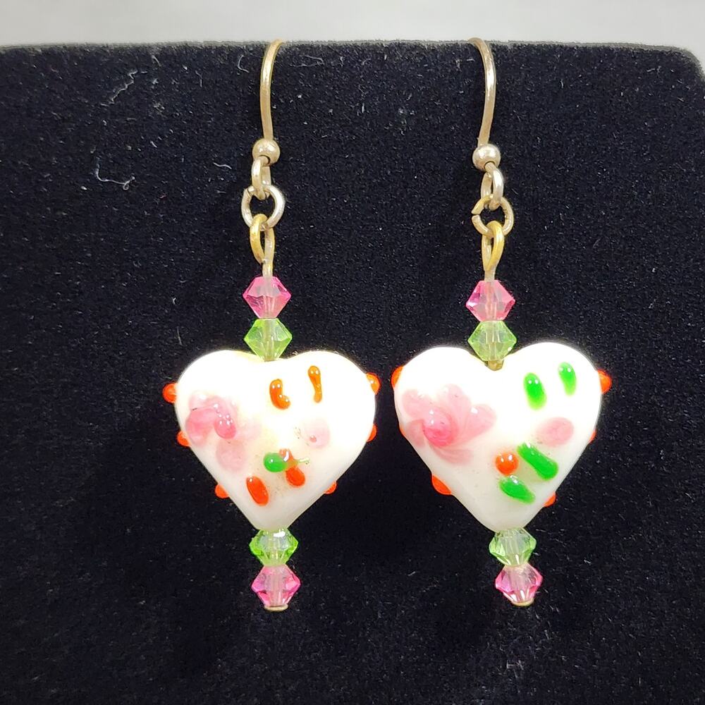 Lamp Work Art Glass Hearts Floral White Pink Green French Hook Pierced Earrings